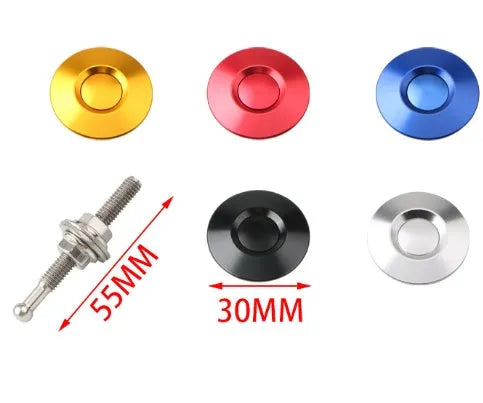 30mm aluminium alloy button-type car engine cover lock in silver, black, gold, blue, and red colour options.
