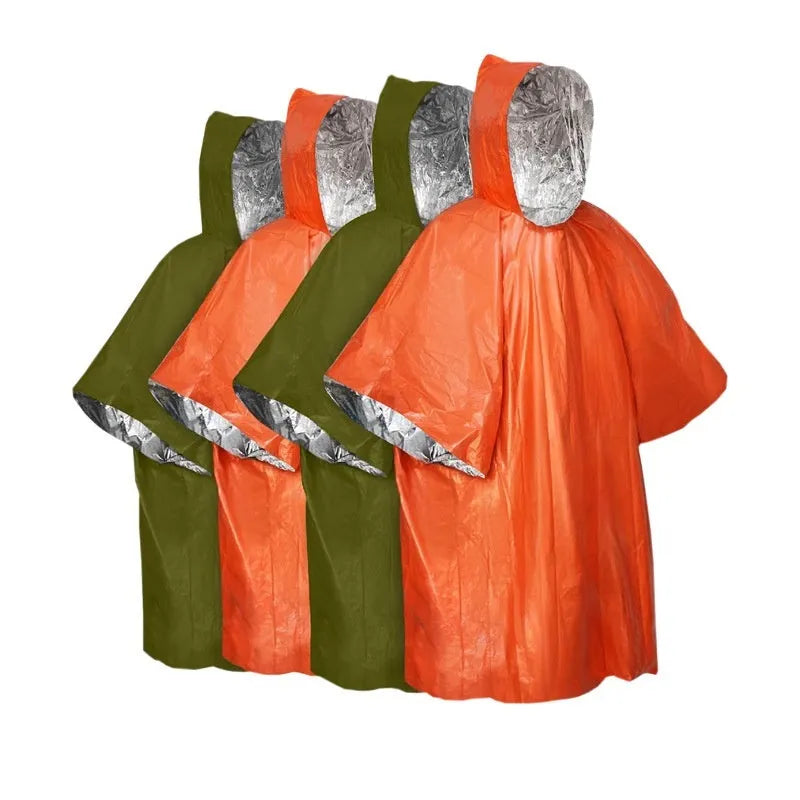 Orange or army green Marathon raincoat laid flat showing its 100x130cm size for one person.