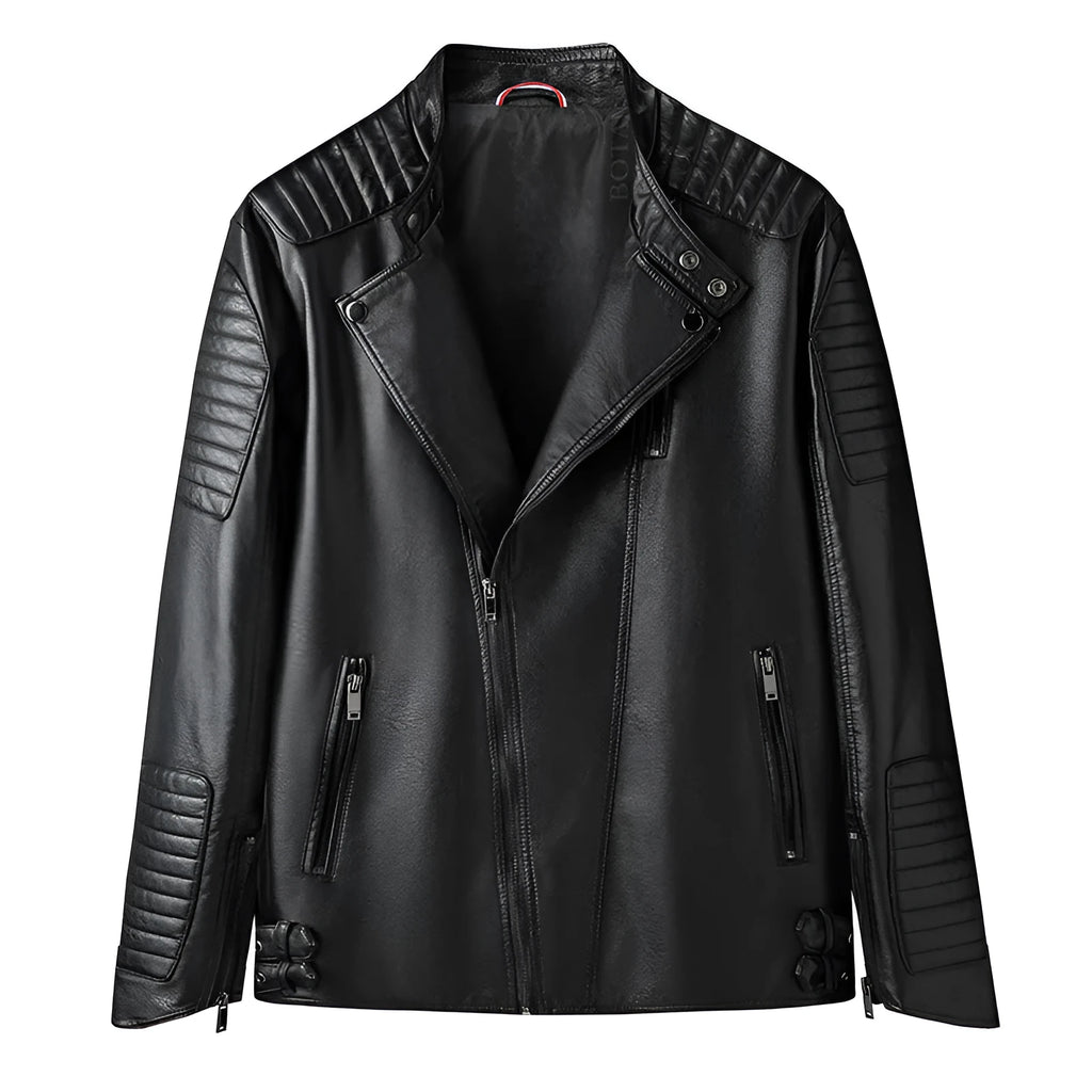 Men's PU leather jacket in black with zipper pockets, casual regular fit, spring autumn wear