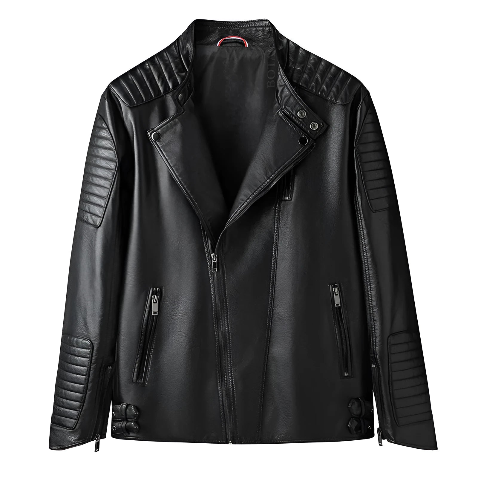 Men's PU leather jacket in black with zipper pockets, casual regular fit, spring autumn wear