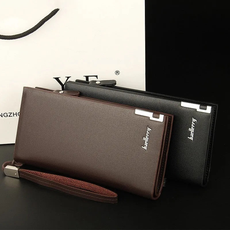 Men's black PU leather wallet with full-length zipper closure showing open compartment