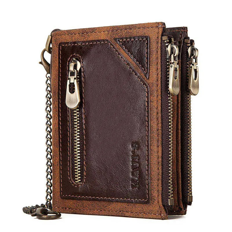 Dark brown men's leather RFID-blocking anti-theft wallet with metal chain