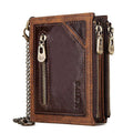 Dark brown men's leather RFID-blocking anti-theft wallet with metal chain