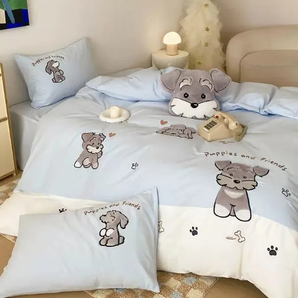 Cartoon Schnauzer dog pattern printed on a cotton bedding set showing quilt cover, sheet, and pillowcases