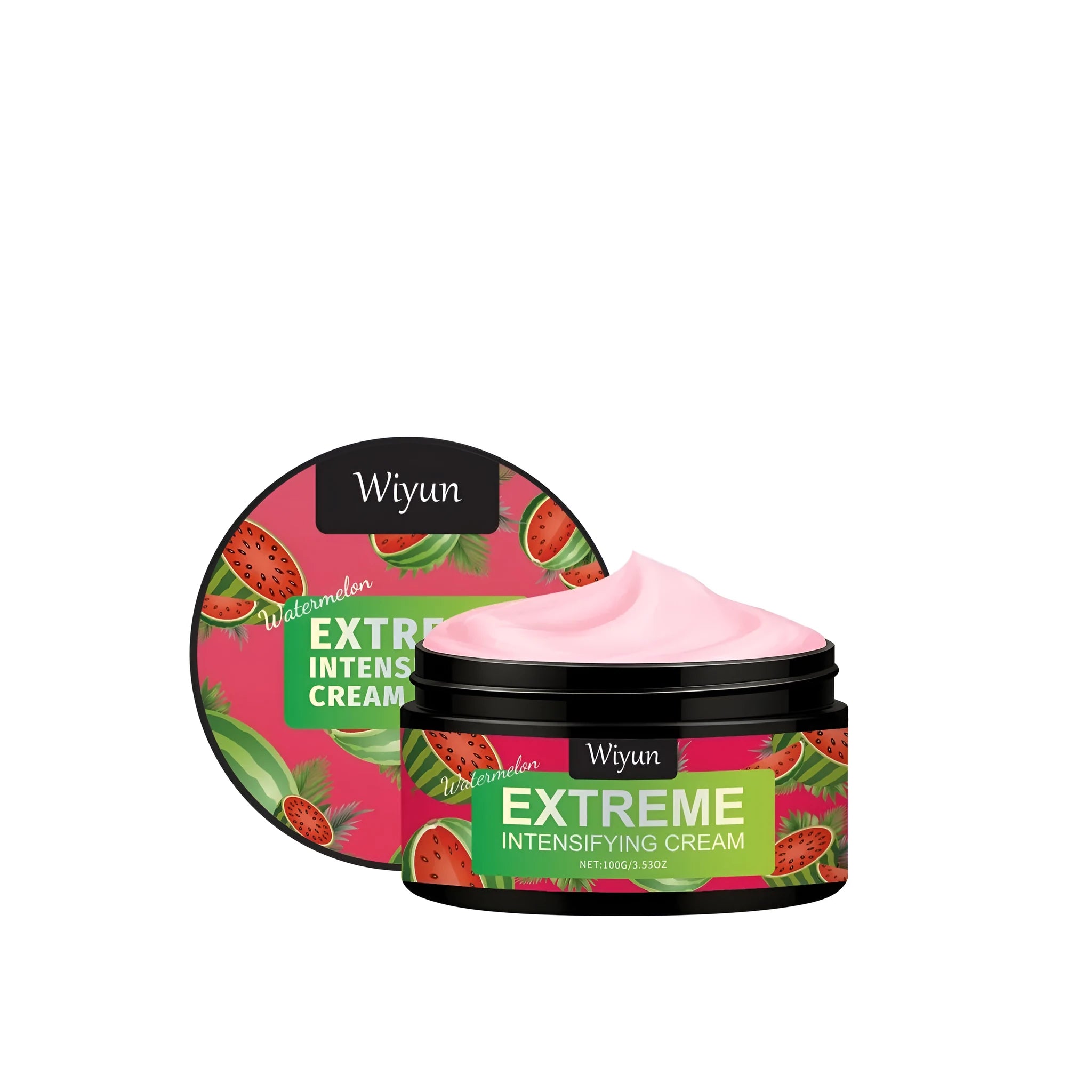 100g jar of Watermelon Extreme Intensifying caramel-coloured gel cream with lid off.