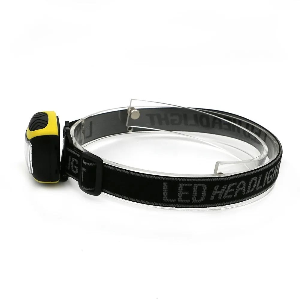 Yellow plastic three-speed LED headlamp for outdoor activities.
