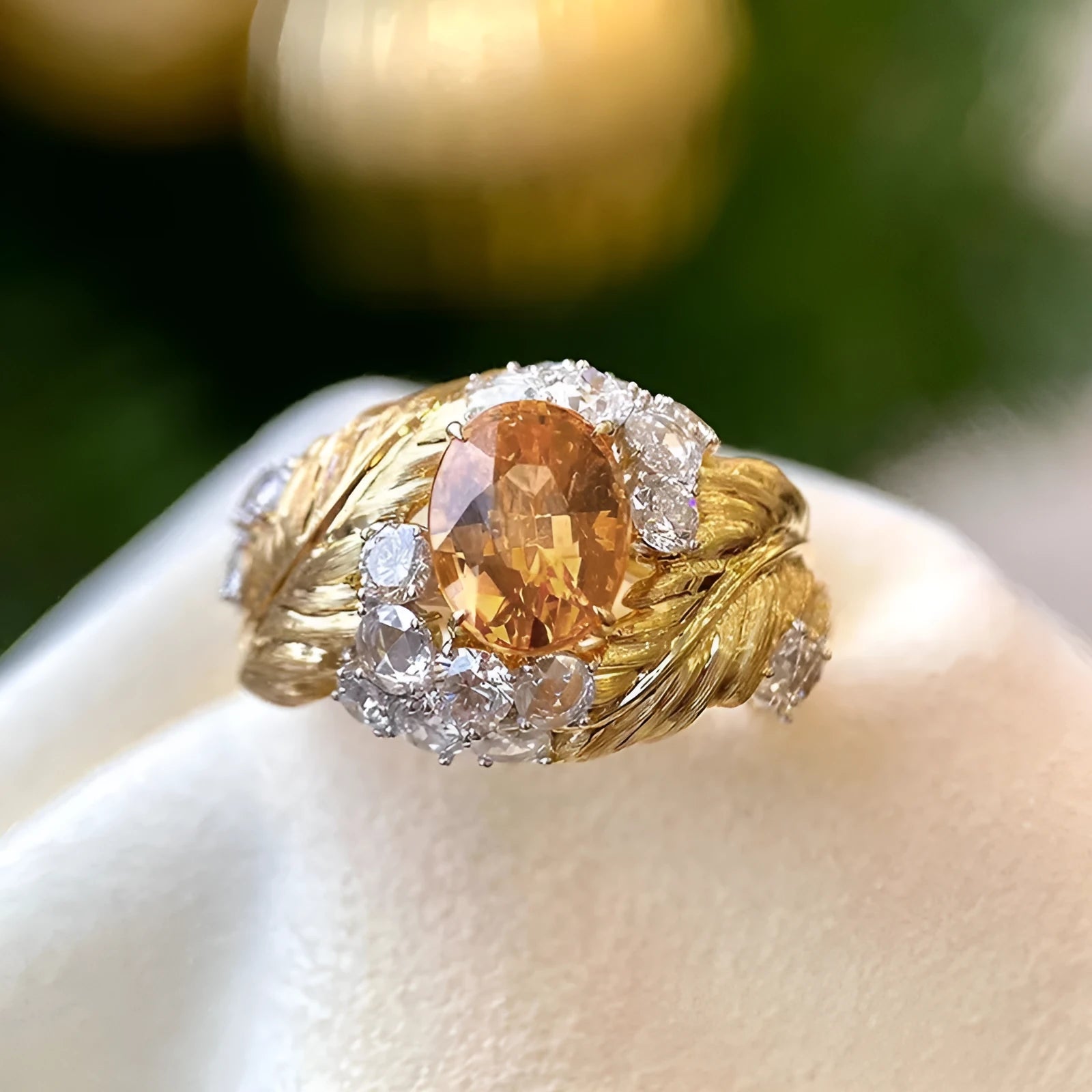 Gold colour copper ring with embossed feather design and inlaid yellow zircon stones.