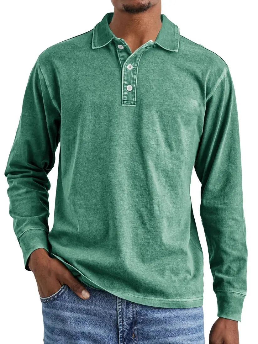 Retro washed distressed cotton lapel polo shirt in long sleeve design on mannequin