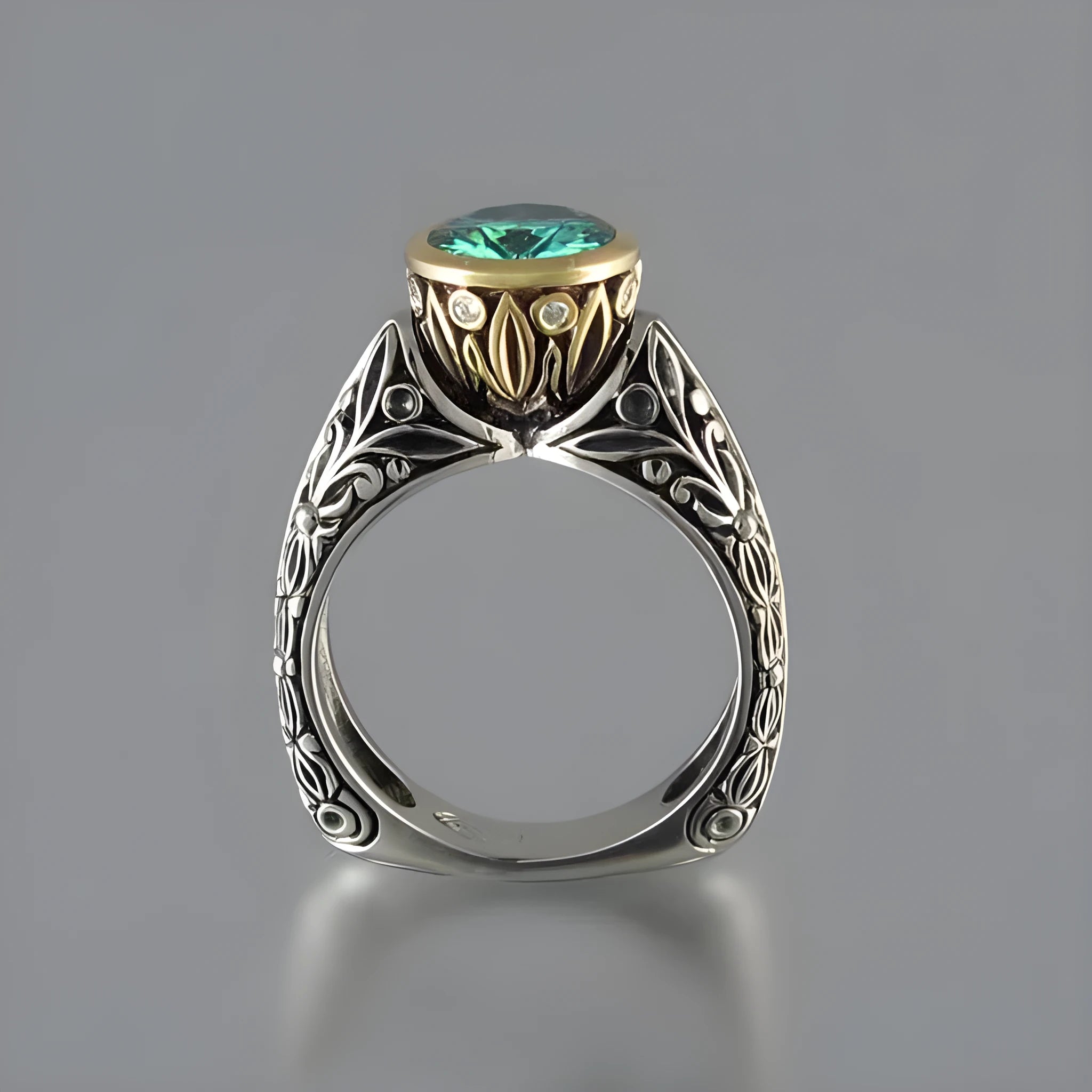 Flower-shaped vintage ring with gold-plated colour separation and green silver gemstone finish on alloy band