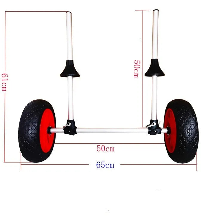 Foldable kayak beach trailer cart with upright pole, made from silver aluminium alloy tubing and black rubber.