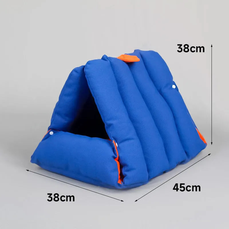 Blue triangular sofa-style cat bed with visible drill holes on the sides for connection.