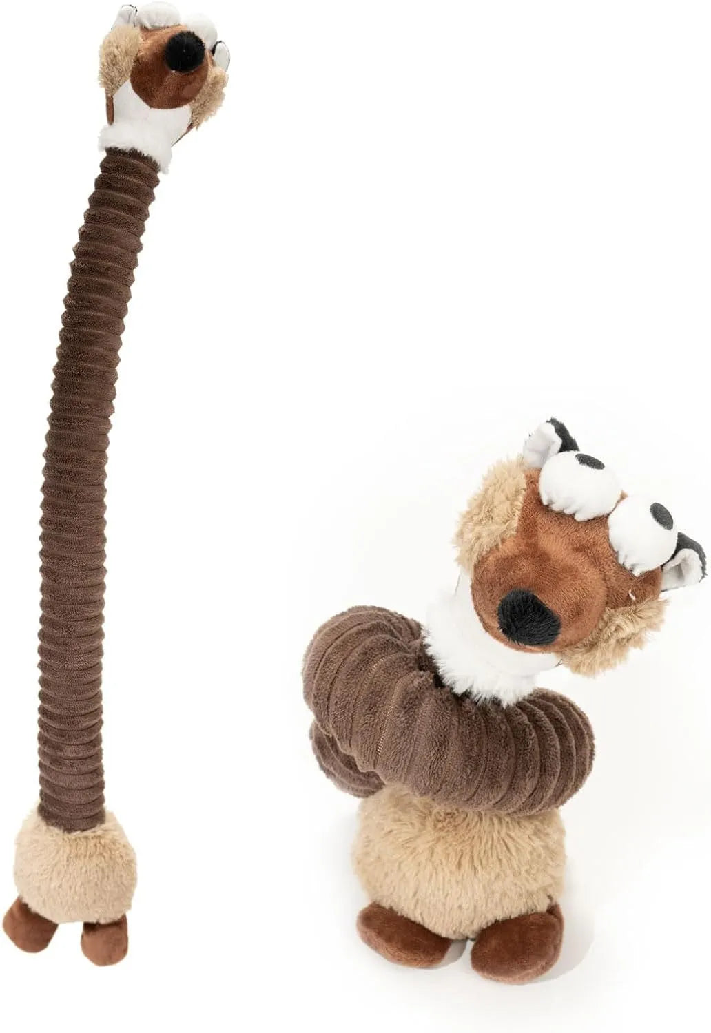 Plush squeaky dog toy with crinkle paper interior in brown, grey, and yellow colours
