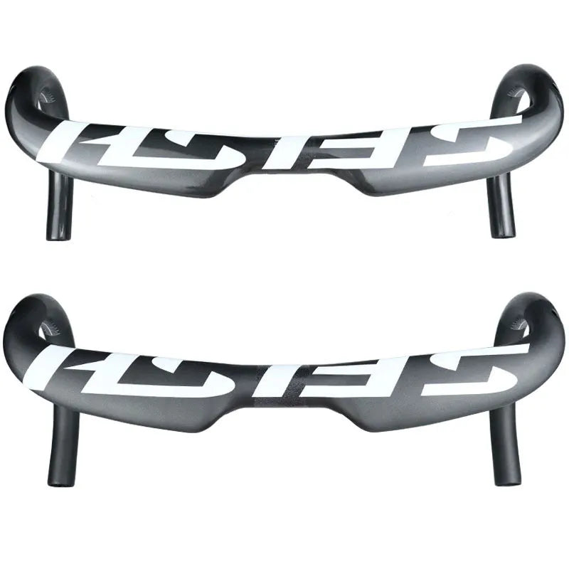 Carbon fibre road bike drop handlebar shown in a black finish, with ergonomic bends for brake hoods and drops.