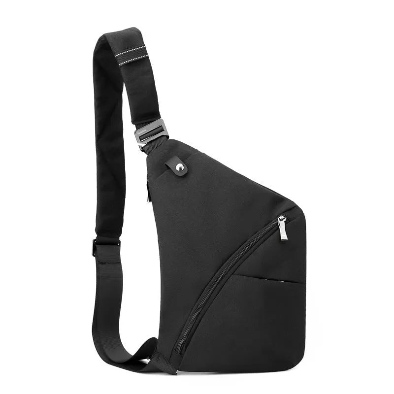 Men's Oxford cloth chest bag with single shoulder strap in grey or black colour with letter pattern.