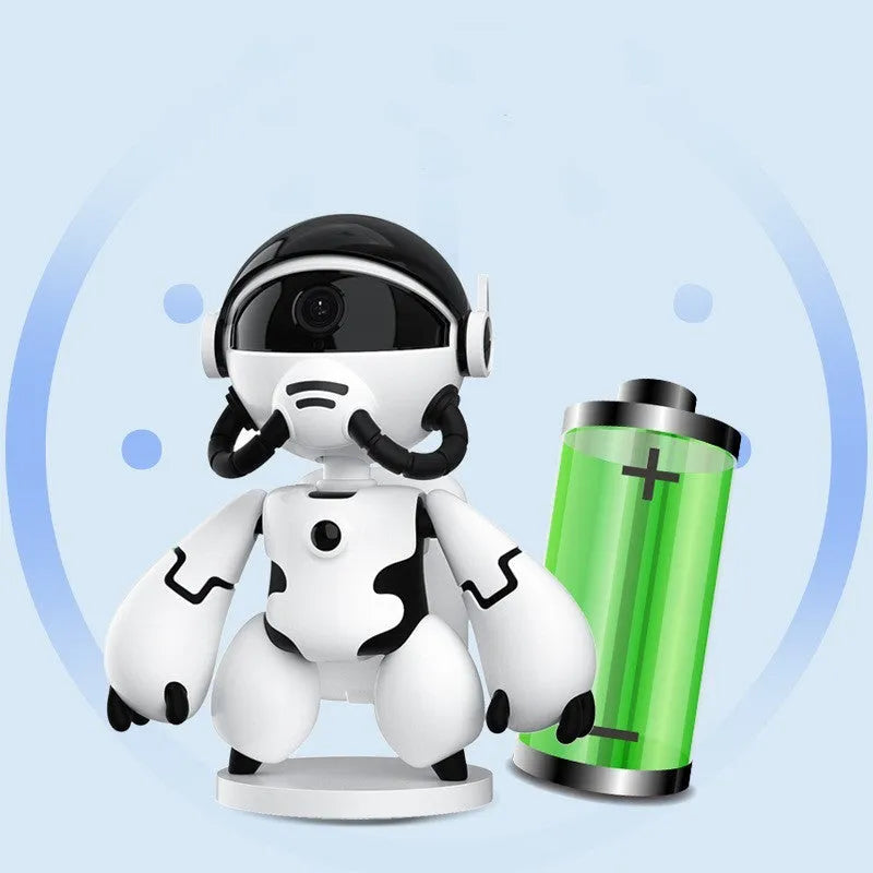 White indoor battery-powered security camera with wide-angle lens on a detachable base