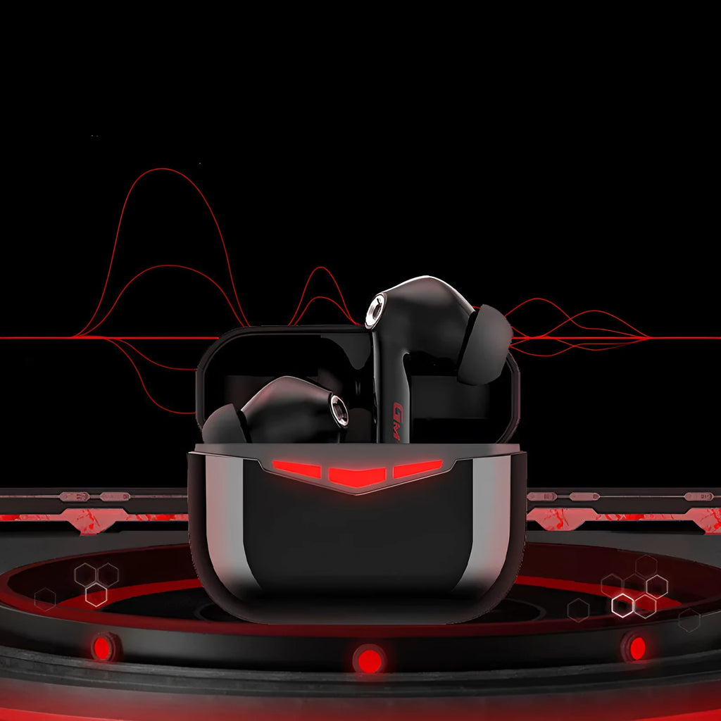 True wireless gaming earbuds and charging case in black, pink, white, or grey colours with silicone ear tips.