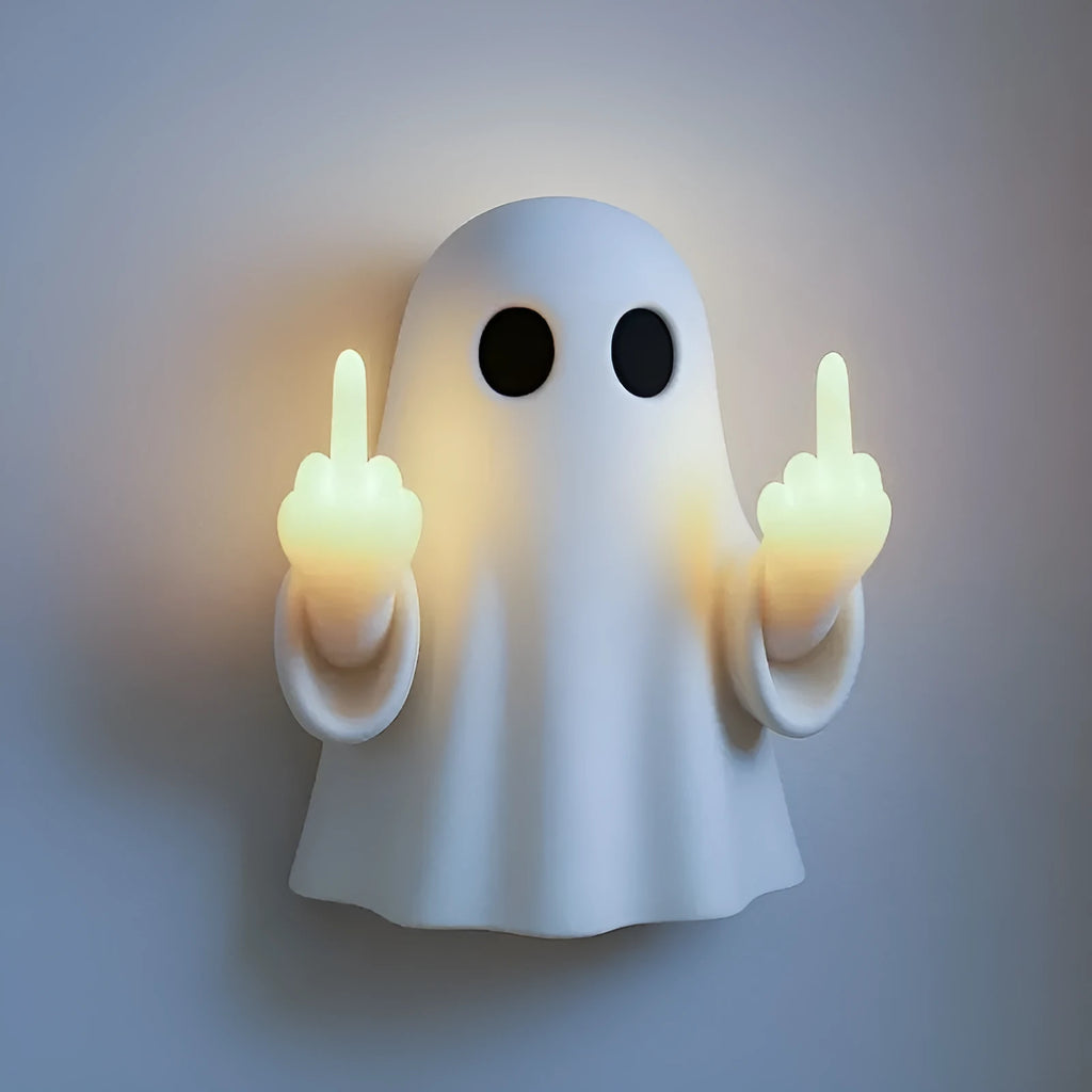 White Halloween ghost night lamp with cute statue design on black background