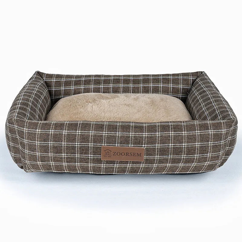 Grey linen square dog bed for small to extra large dogs, also available in brown and plaid colours.