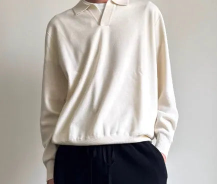 Pure wool POLO sweater with lapel collar and long sleeves in milky white colour