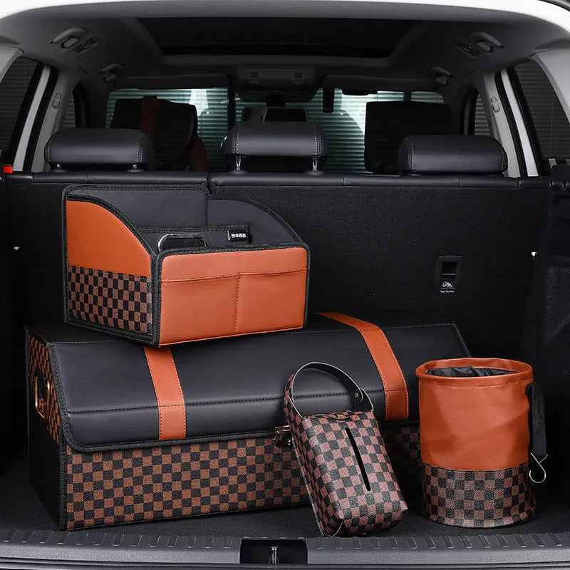 Retractable leather car interior trash can showing folded and extended positions