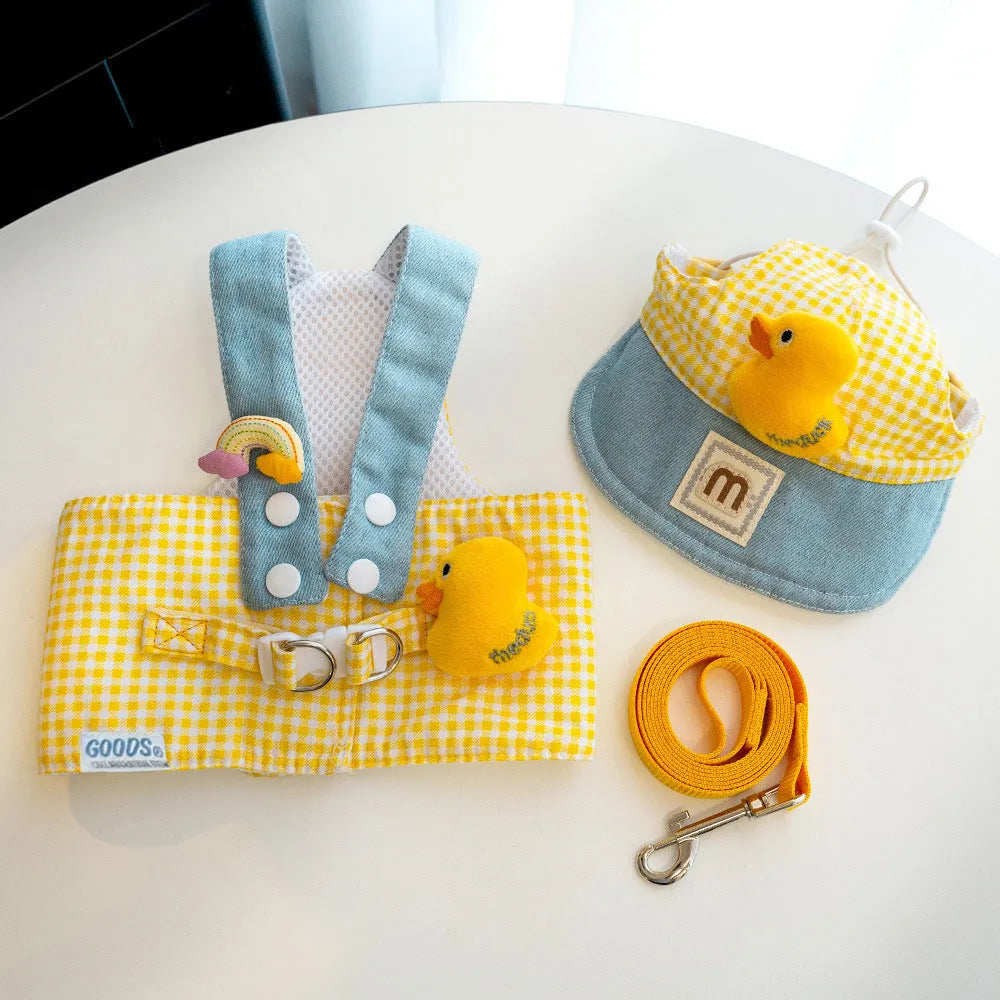Pet harness and leash set with wire rope pulling section, three-piece cat clothes, and hat accessory
