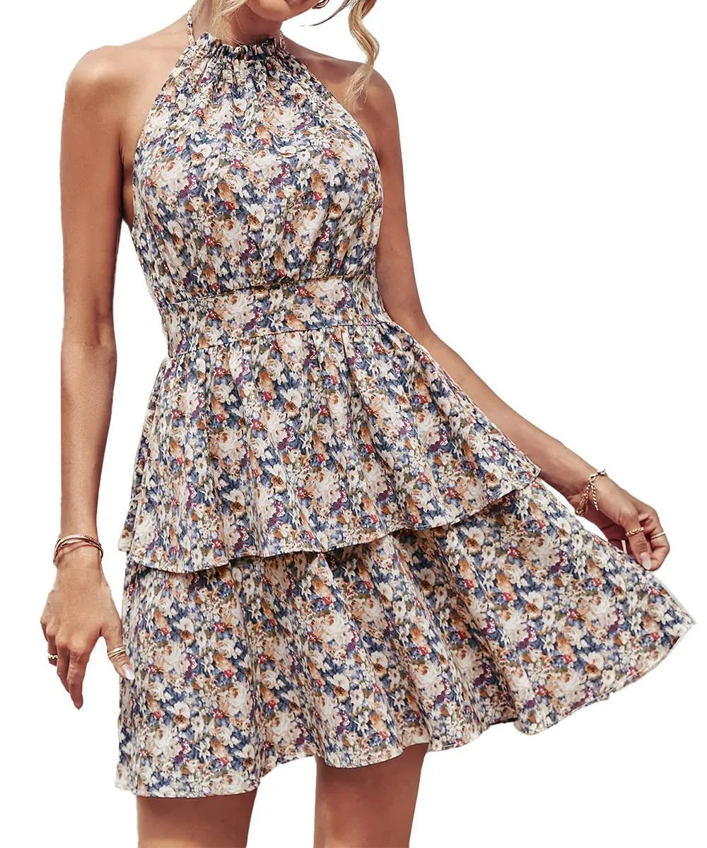 Women's backless halter dress with ruffled A-line skirt in a boho print