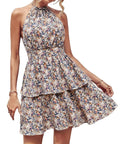 Women's backless halter dress with ruffled A-line skirt in a boho print