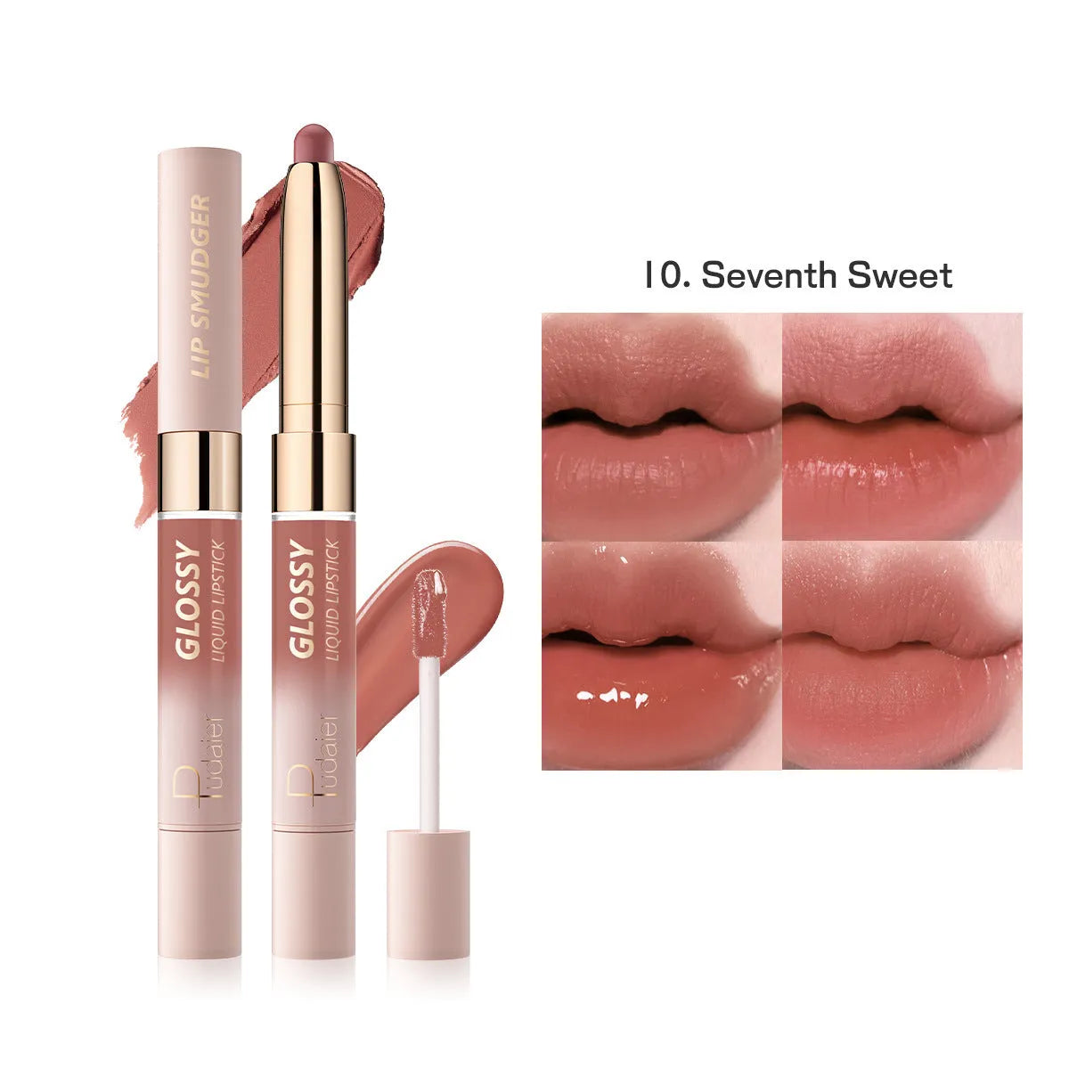 Double-headed lipstick and lip gloss cosmetic product showing matte finish with ten colour options