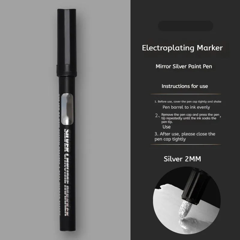 A plastic waterproof marker pen for writing on glass and mirrors, showing 1mm and 2mm tip size options.
