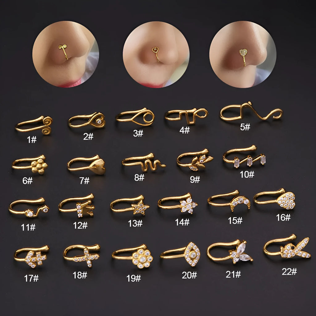 Heart-shaped non-piercing nose ring clip in brass alloy with AAA zircon crystal, gold finish, 11mm clip length