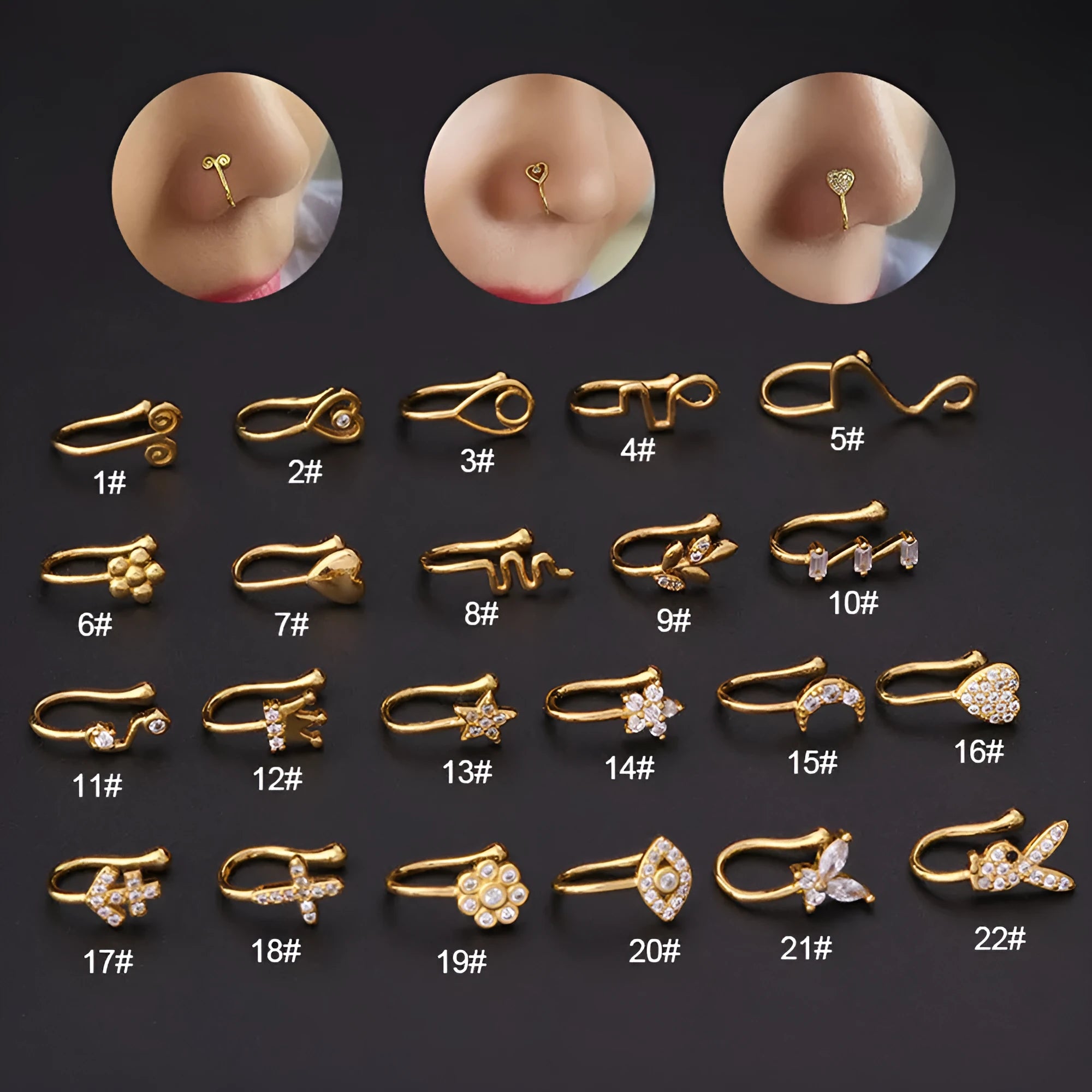 Heart-shaped non-piercing nose ring clip in brass alloy with AAA zircon crystal, gold finish, 11mm clip length