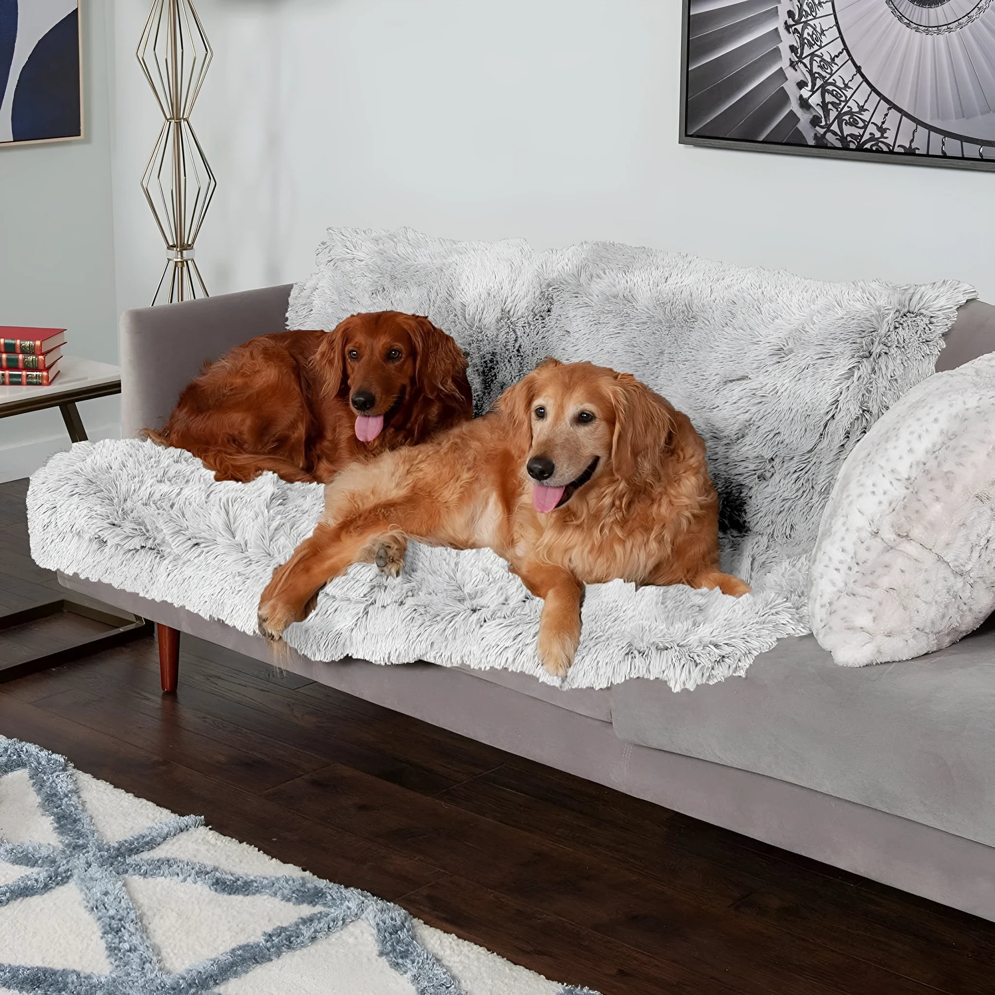 Plush waterproof dog cushion in dark grey, double-layer thickening design with four size options