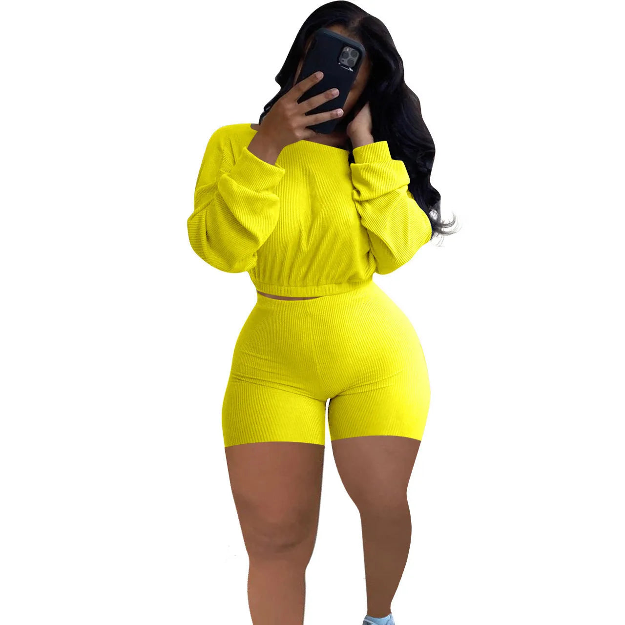 Women's off-shoulder top and matching shorts two-piece set in solid colour with sunken stripe pattern