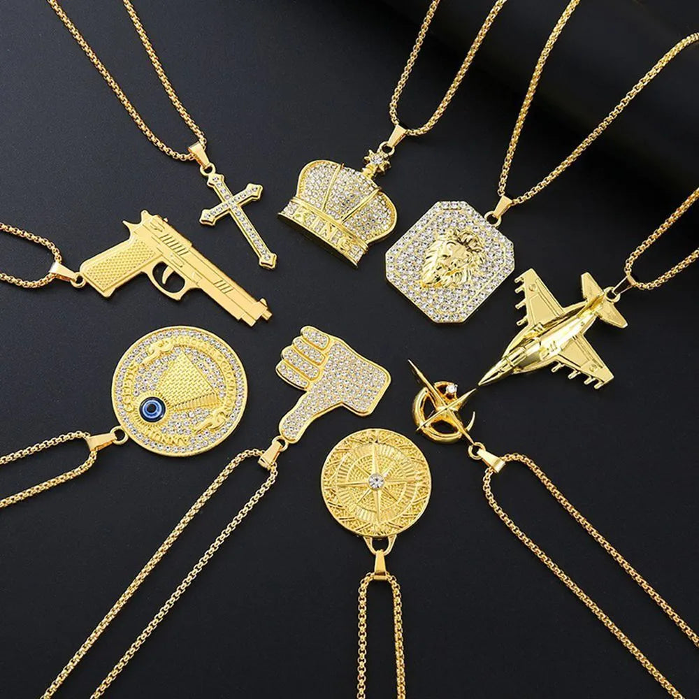 Geometric gold-colour alloy pendant necklace with zircon stones