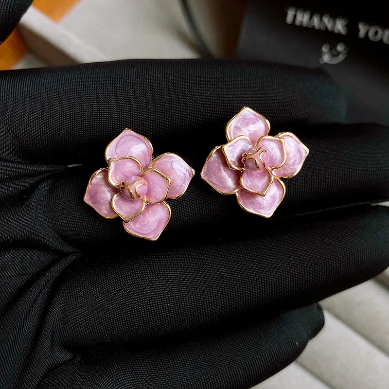 Purple oil-spot glaze flower stud earrings with gold-plated silver needle design on copper base
