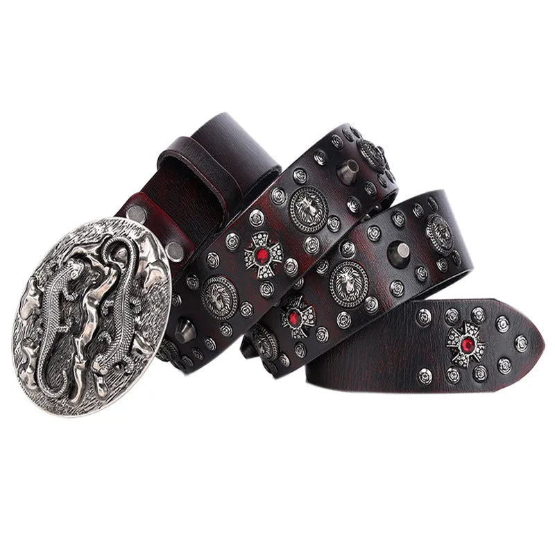 Men's genuine leather belt with punk rivets and alloy buckle in a retro colour