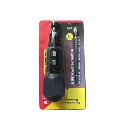 Black and blue alloy steel straight handle 36V electric screwdriver on a workbench.