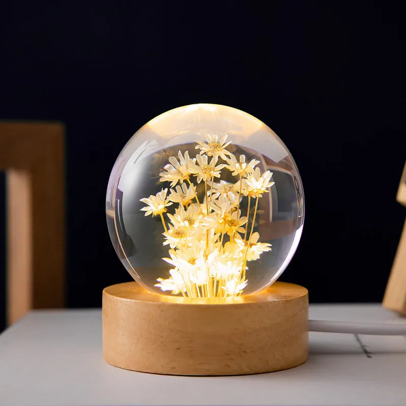 LED dandelion crystal ball night light on beech wood base, 60mm diameter