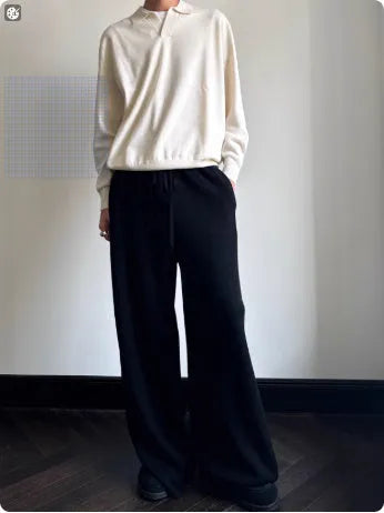 Pure wool POLO sweater with lapel collar and long sleeves in milky white colour