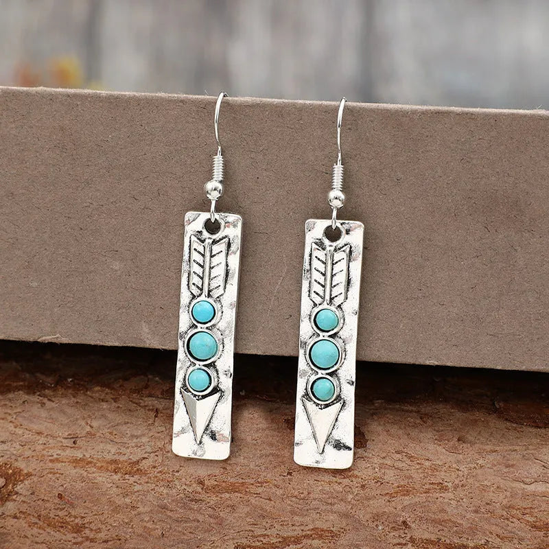 Geometric long strip silver earrings with turquoise inlay, retro design women's costume jewellery