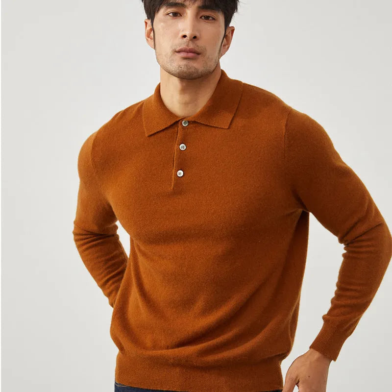 Man wearing a sapphire blue cashmere pullover sweater with a polo collar
