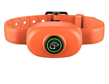 Black remote-controlled dog training collar with receiver unit and handheld transmitter on a table.