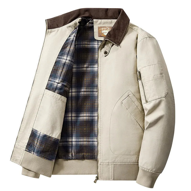 Men's plus-size washed cotton baseball flight jacket in Army Green