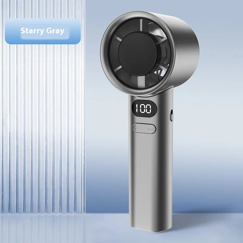 A handheld USB rechargeable fan with variable speed control in green, khaki, silver, or white colour.