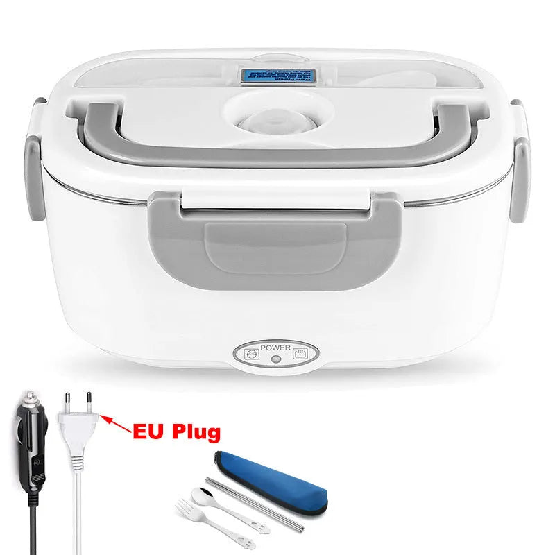 Grey electric lunch box with dual car and home power capability, 1.2 litre capacity, and choice of stainless steel or plastic inner tank