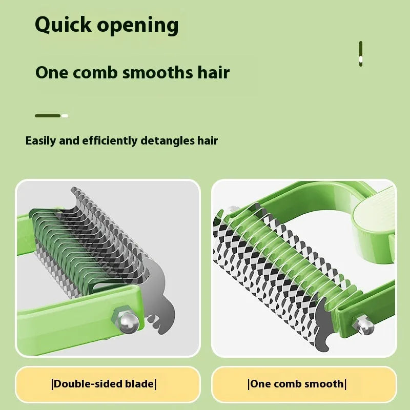 Green pet unknotting comb with stainless steel teeth and plastic handle for dog grooming