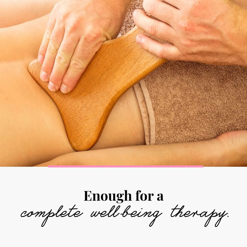 Solid beech wood massage roller set showing multiple shapes including T-shaped roller and wheel variants