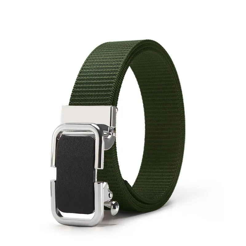 Men's nylon canvas belt in army green with an alloy buckle, laid flat showing 120cm length.