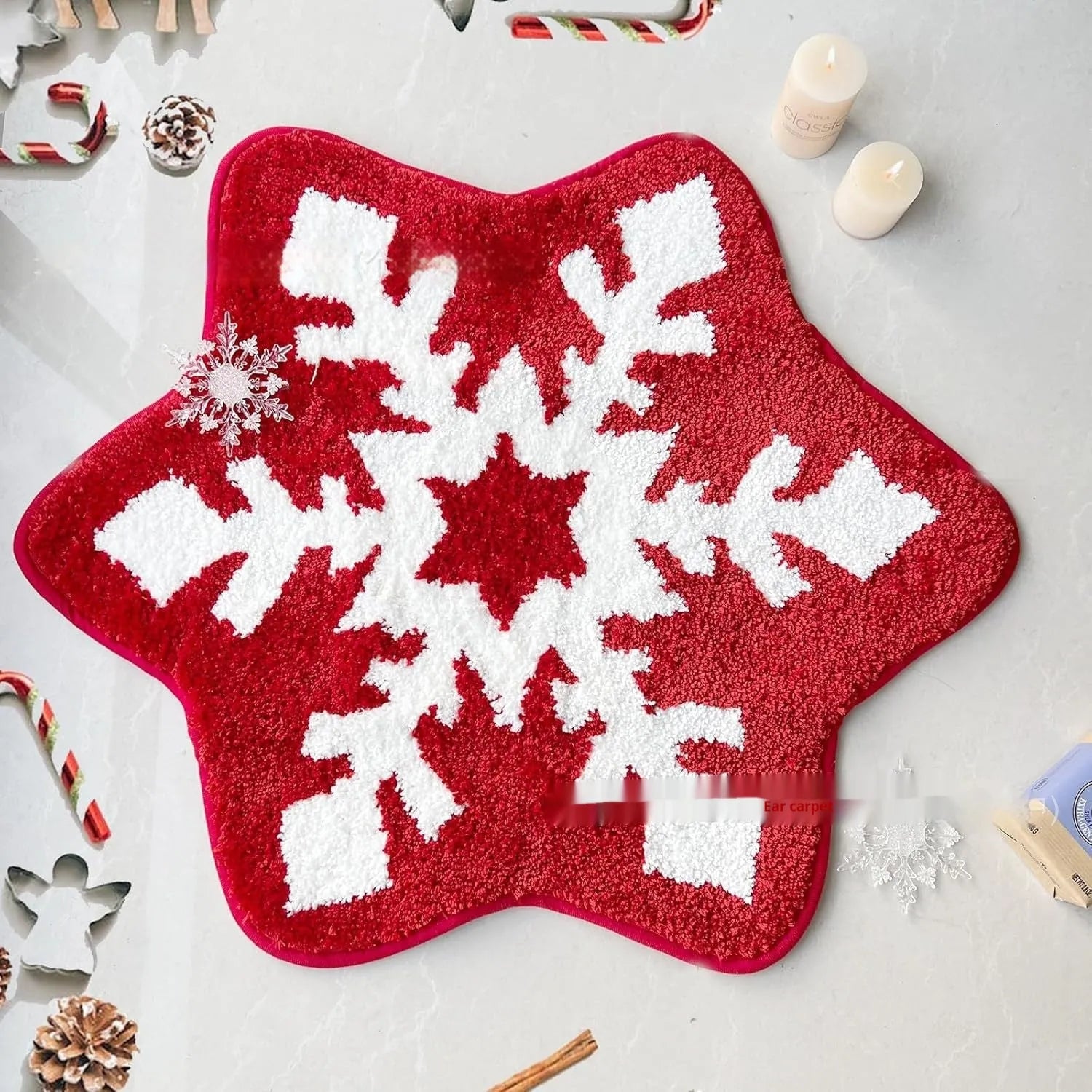 Round Christmas-themed carpet on floor, available in 60cm and 80cm sizes.