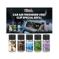 Car air freshener refill pack showing five 10ml bottles in cologne, ocean, vanilla, lavender and citrus scents